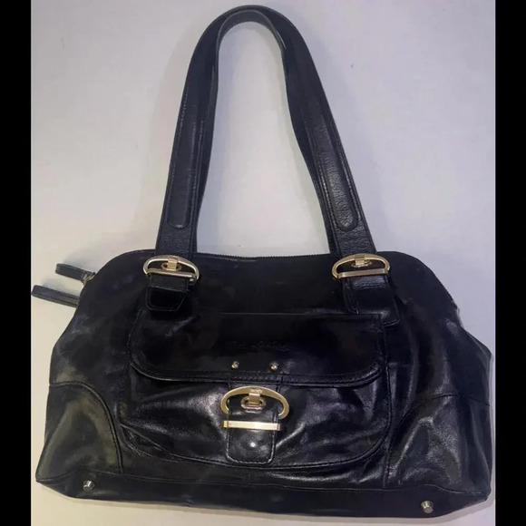 Kate Landry Luxury Classic Designer Multi Pocketed Buckle Black Leather Handbag - Picture 1 of 15